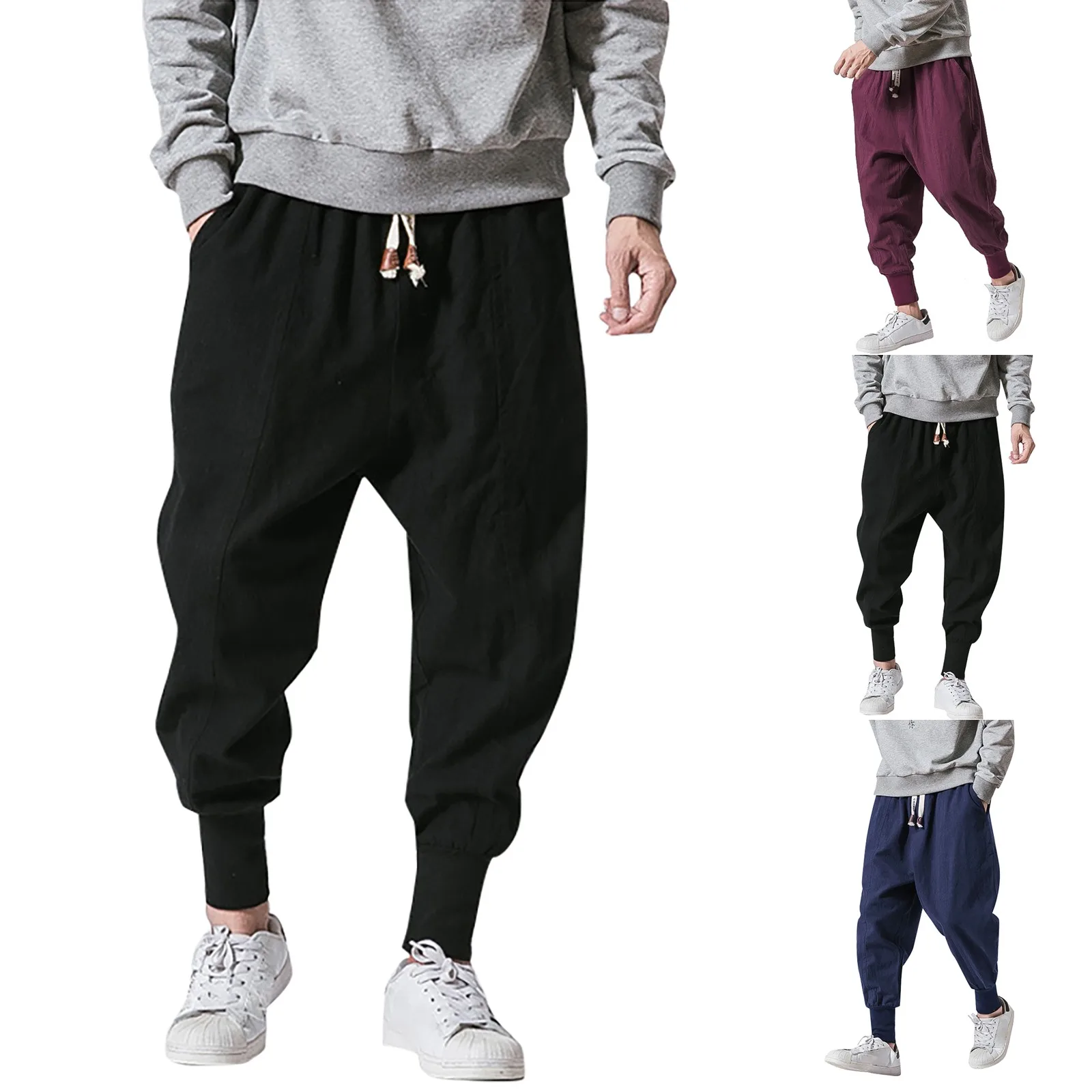 Elastic Drop-crotch Waist Joggers Casual Pants Trousers Solid Men - Men's pants Band Size Parachute Pants for Men