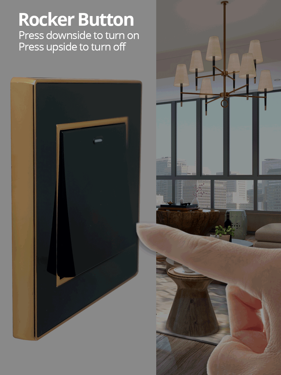 Wallpad EU-Steckdose mit USB, schwarzes Acryl-Panel mit goldenem Rand, 2-Wege-Wandlichtschalter mit LED-Bewegungssensor – Detail 8