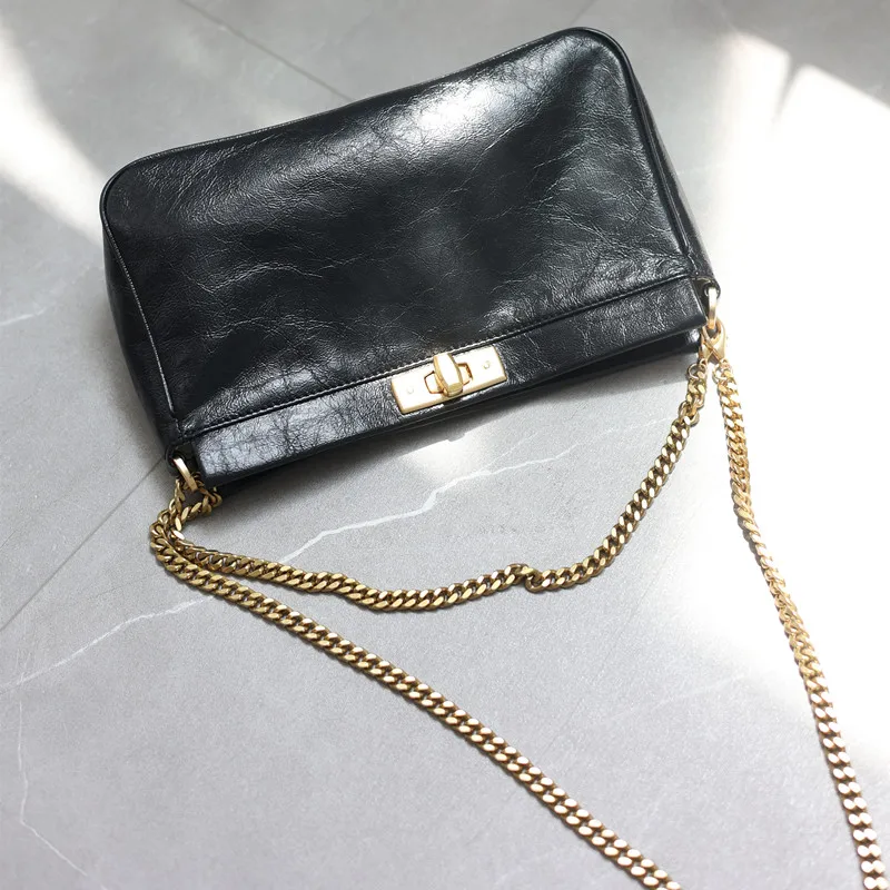 Real Leather Chain Crossbody Bag For Women Luxury Designer Commuting Shoulder Bags Black Soft Versatile Cowhide Handbag Fashion