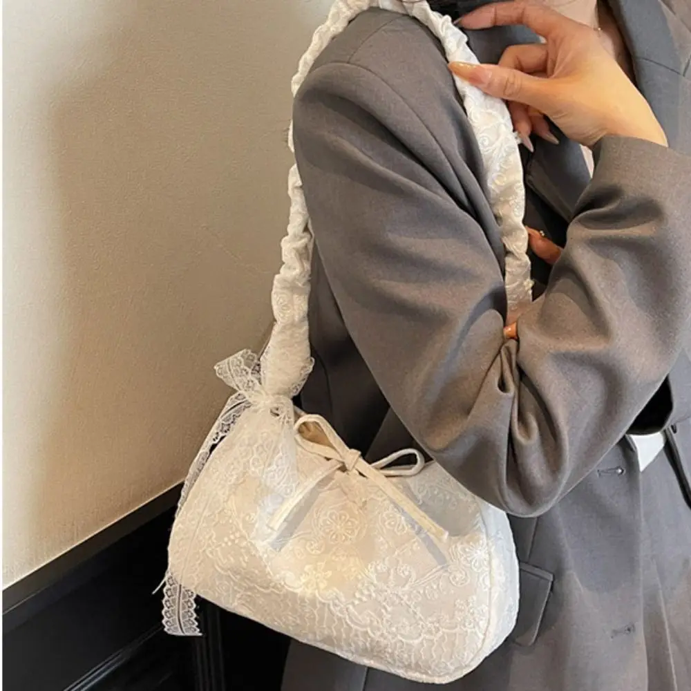 

Big Pouch Tote Bag Lace Shoulder Bag With Ribbon Pleated Strap Simple Canvas Handbag Kawaii Cloth Large Capacity Bag Women