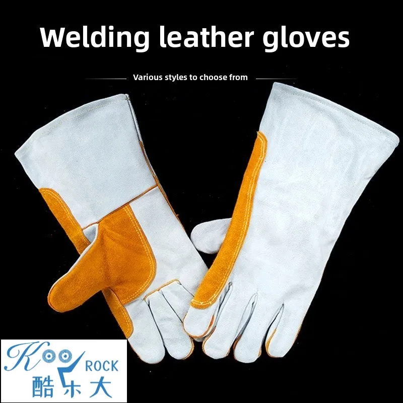 قفازات لحام من جلد البقر الفاخر - قفازات أمان جلدية طويلة وسميكة مقاومة للحرارة لللحام والسائقين
