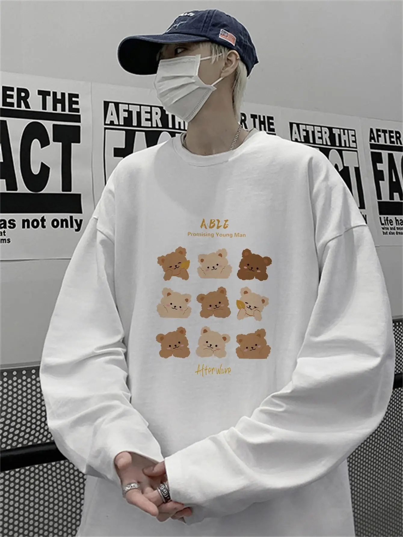 Cute Bear Print Man Korean Style Tshirts Long Sleeve O-neck Unisex Loose Clothing Autumn Pure Cotton Hip Hop Tops Tees Y2k