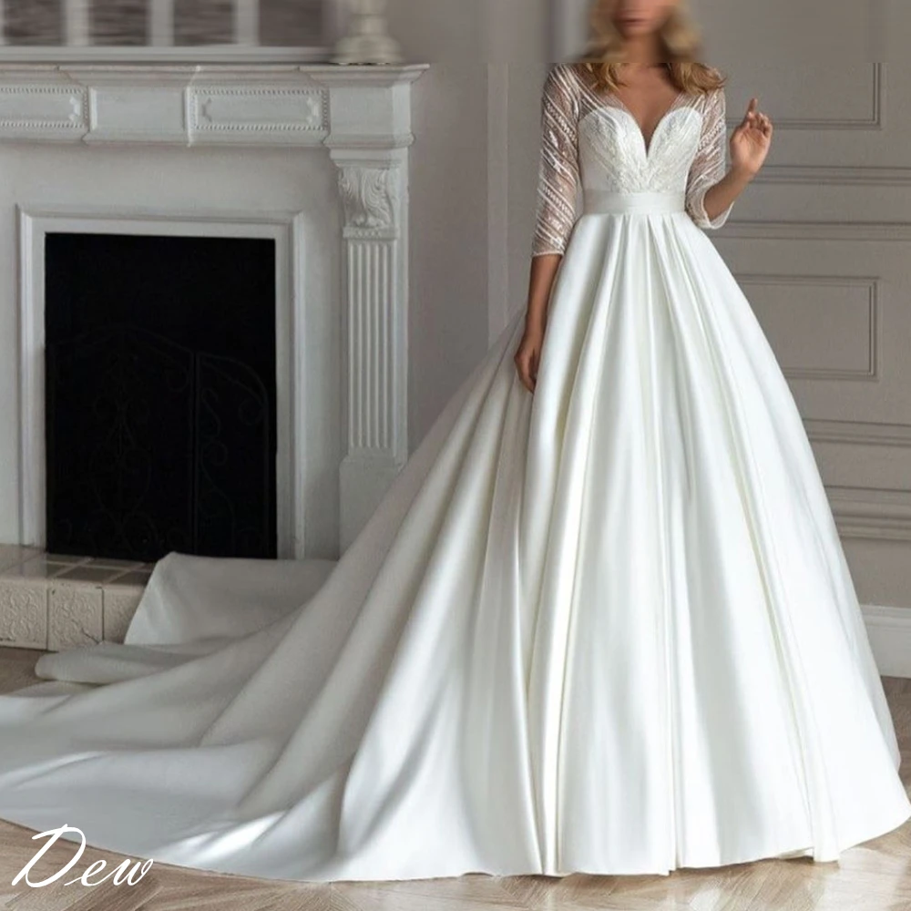 カスタマイズされた絶妙なウェディングドレス高級ホワイトサテンセクシーなVネックファッションブライダルパーティークラシックAライン繊細なブライダルドレス