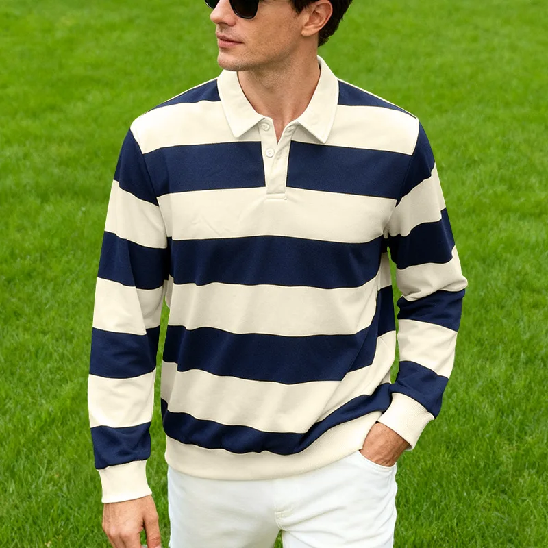 Heren gestreept rugbypolo met lange mouwen en kraag, casual school, buitensport, casual 3D-printen, lente, herfst en winter - afbeelding 1