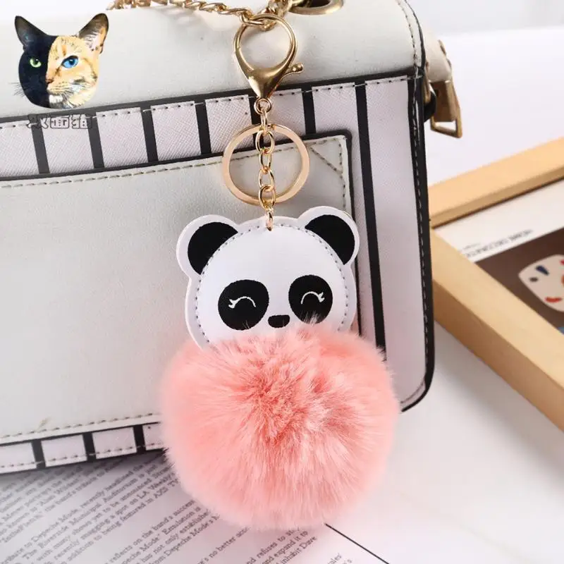 Cartoon Panda Keychain Soft Fluffy Pink Pom Pom Golden Buckle Lovely Backpack Pendant for Children Holiday Gifts