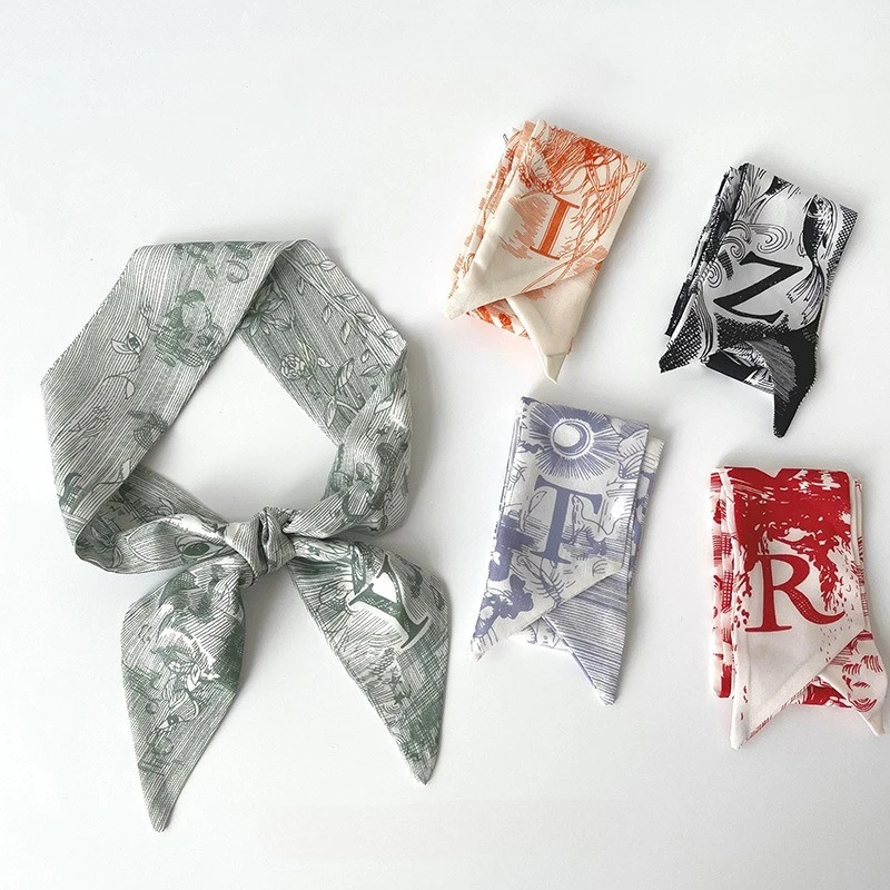 26 ตัวอักษรรุ่น Sketch สไตล์ผ้าพันคอยาวผ้าไหมขนาดเล็กผมวงสตรีสองด้านทั้งหมด