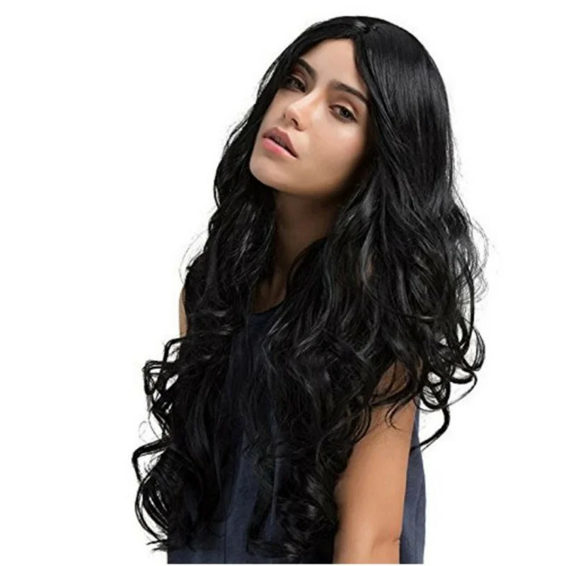 

Women Black Fancy Party Function Middle Part Wavy Curly Long Hair Full Wig Wigs
