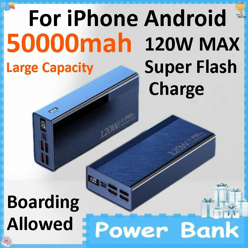 50000mAh High Capacity Mobile Power 120W PD Fast Charging Smart Digital Display Outdoor Portable Charger Universal Phone