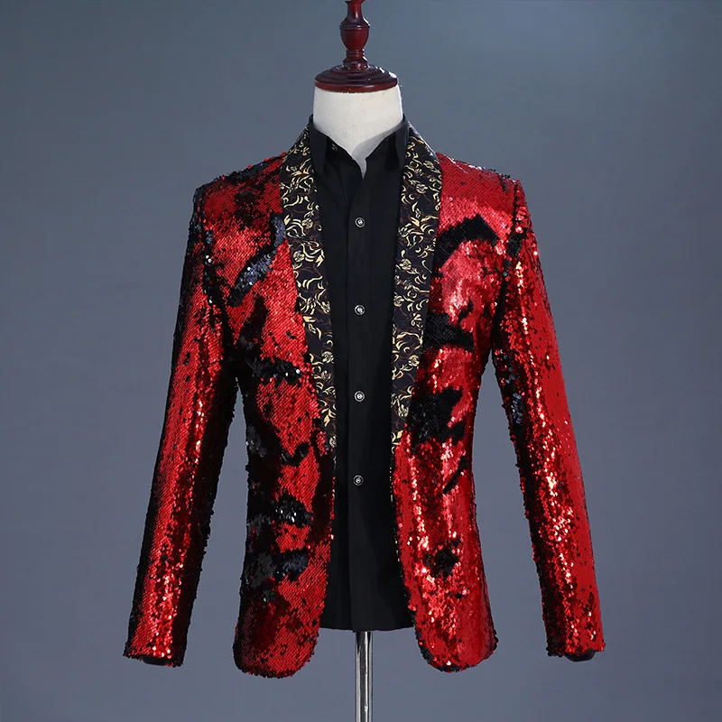 High-quality Men's Long-sleeve Suit Jacket, Round Metallic Sequin-embellished Formal Coat, Wedding/Party/Performance Blazers.