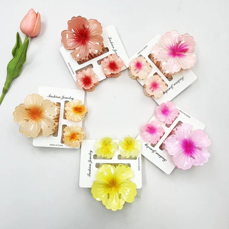 3 Buah Klip Cakar Rambut Bunga Gradien Warna-warni Korea Aksesori Rambut Jepit Rambut Klip Ekor Kuda Liburan Pantai Musim Panas Manis Wanita