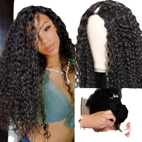 Kıvırcık V Parçası Peruk İnsan Saç Hiçbir Bırakma Yükseltme U Parçası Peruk Tutkalsız 30 Inç Doğal Renk Derin Dalga İnsan Saç Peruk Kadınlar için