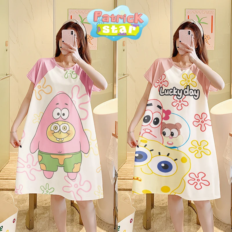 SpongeBob Patrick Star Sleepwear Women Cartoon Sweet Nightdress Short Sleeve Casual Loose Nightgown Student Summer Loungewear