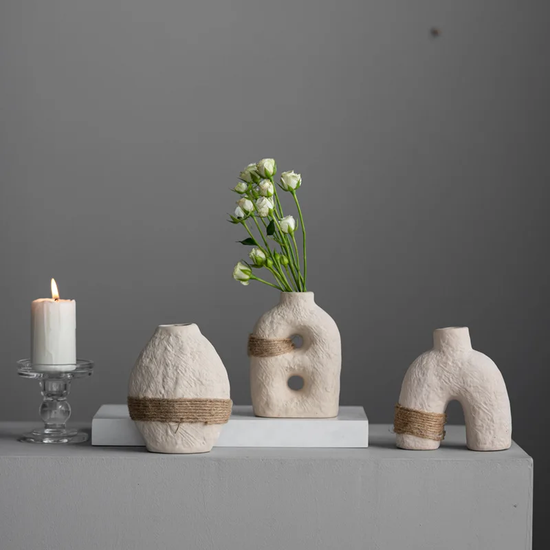 Ceramic Craft Set 3 Pcs Earth Glaze Tied Mini Vases Home Decor