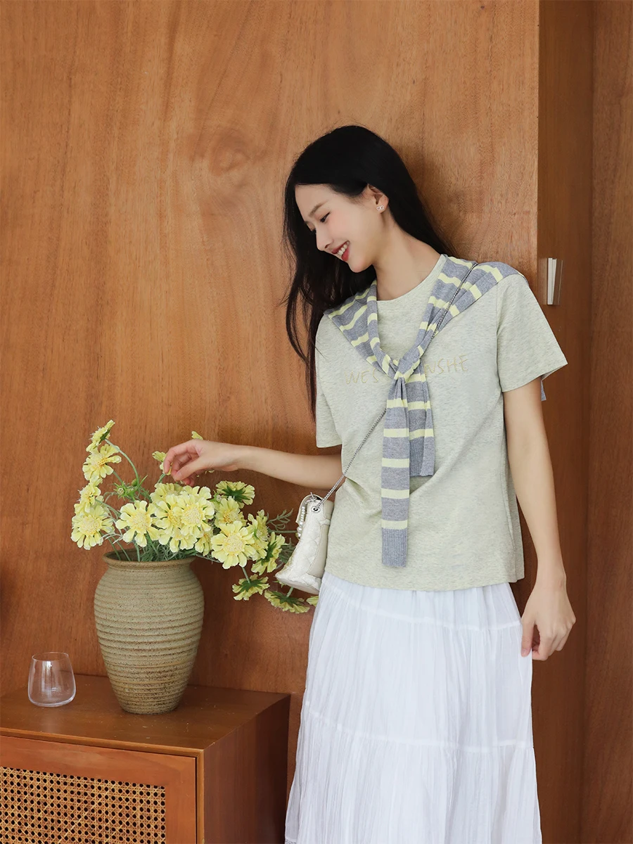 

WESTTIANE Summer Casual round Ne ort Sve T-irt awl Two-Piece Set Embroidered Letter Design Breathable Cotton Blend