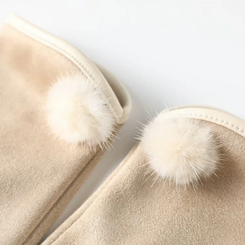 Women Autumn Winter Keep Warm Touch Screen Suede Hairball Gloves Fashion Elegant Temperament Solid Simple Cycling Drive