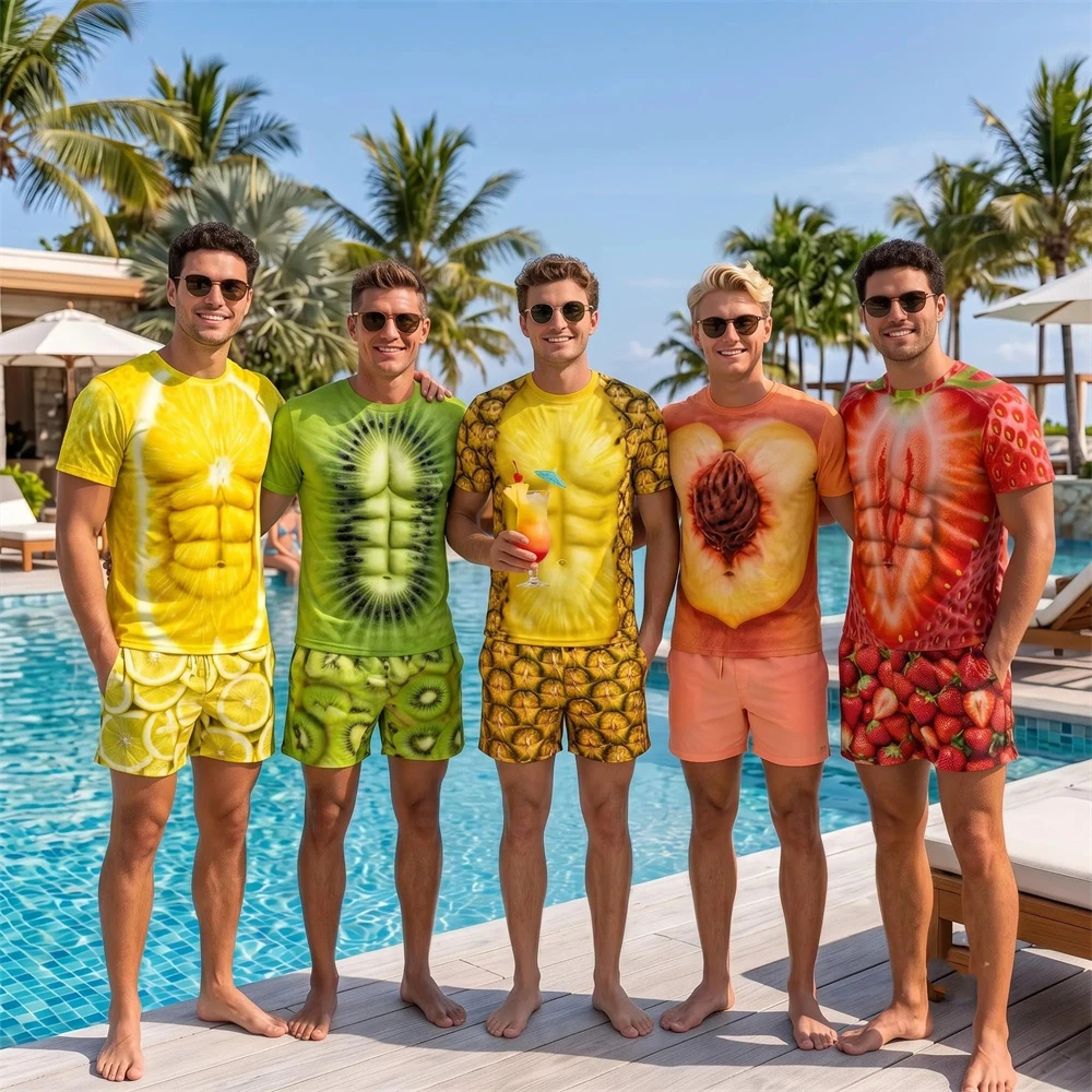 Funny Fruit Theme 3D Print Fake Muscle T-shirt For Men Summer Beach Party Humour Round Neck T Shirts 2026 New Vacation Leisure