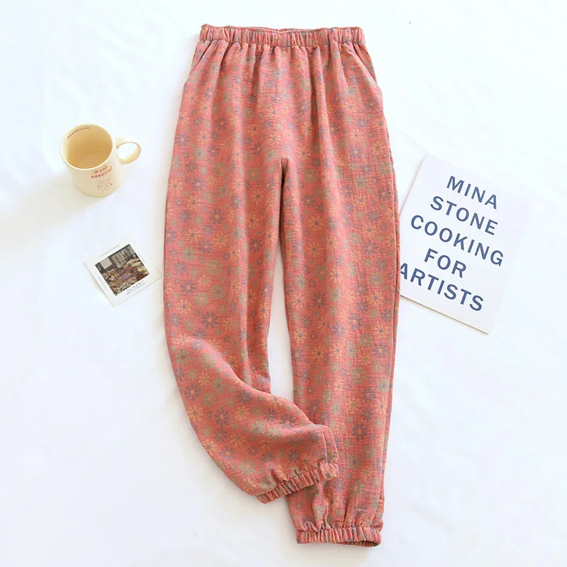 Women Sleep Bottoms Pajama Pants Soft Cotton Gauze Retro Yarn-dyed Jacquard Lounge Trousers Elastic Waist Thin Home Nightwear