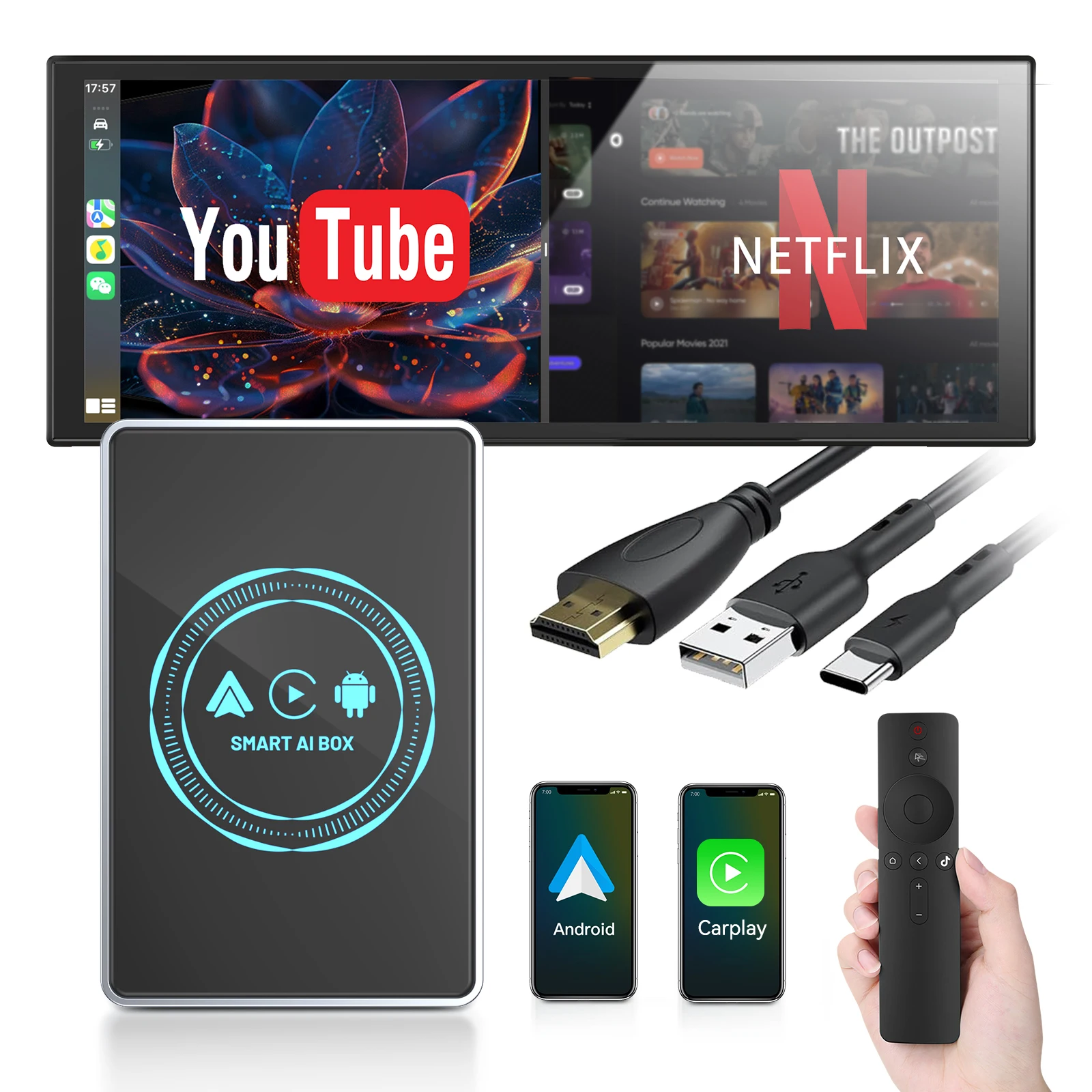 

4 + 32 ГБ CarPlay AI BoxБеспроводной адаптер CarPlay и Android Auto Netflix и YouTube, видео 4K, двухдиапазонный выход Wi-Fi HDMI