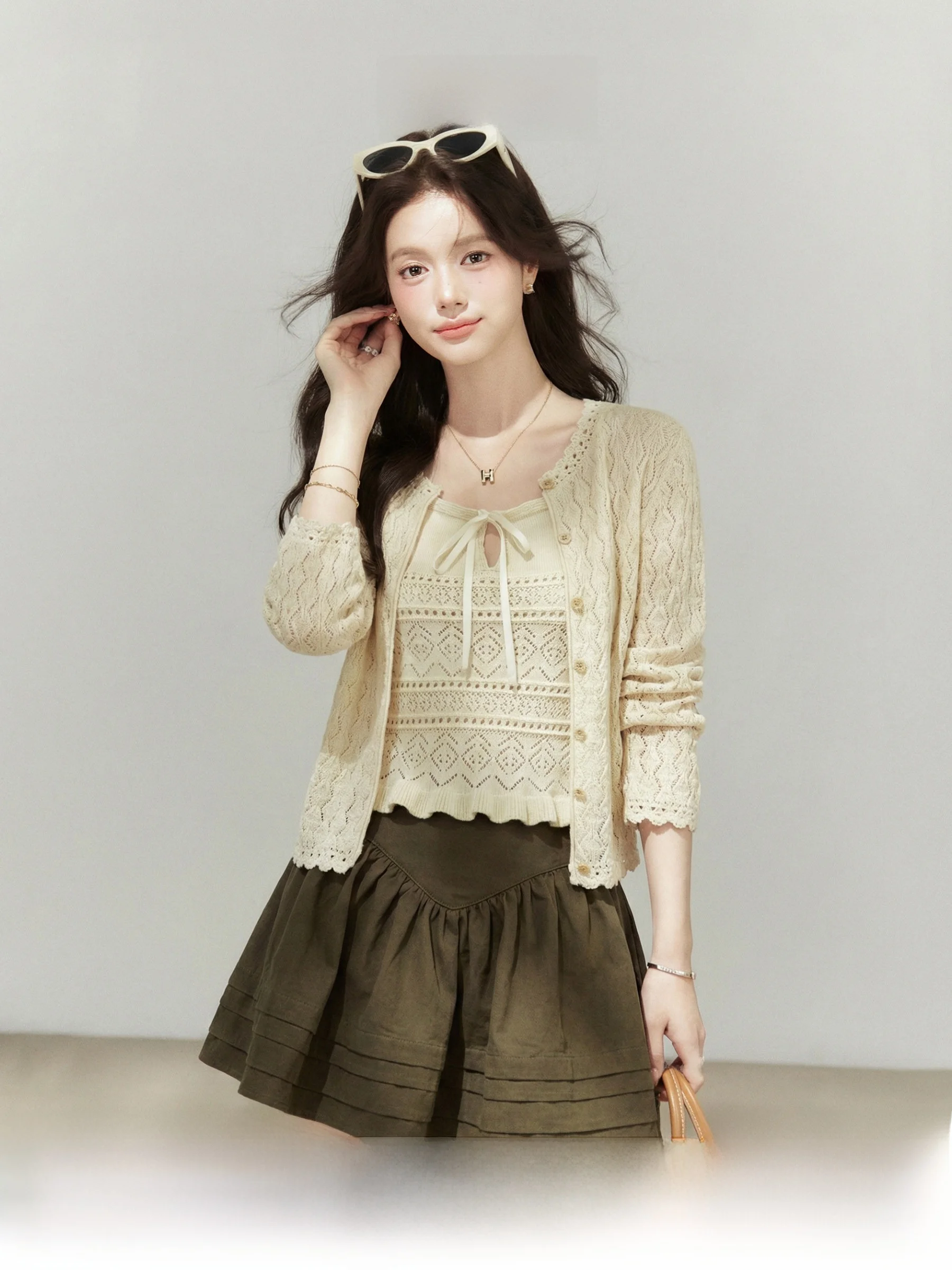 

Elegant Texture Hollow out Knitted Cardigan Women's Inner Wear Strap Short Skirt Half Skirt Three Piece Set Spring Fashion