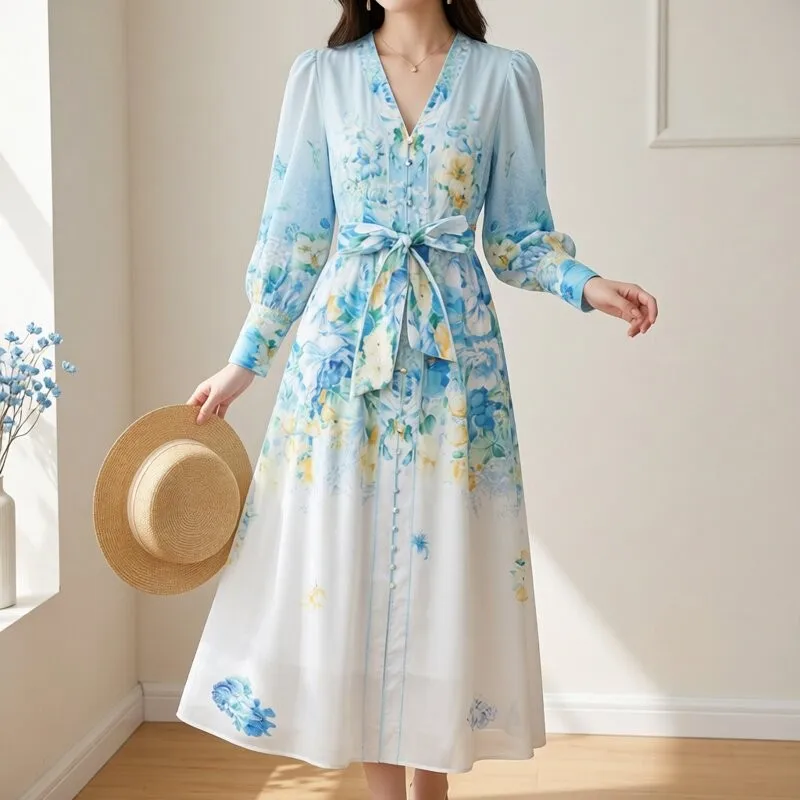 

Elegant V-Neck Floral Fairy Dress Women's European Court Style Large Size Holiday Celebrity Long Dress Beautiful And Stylish