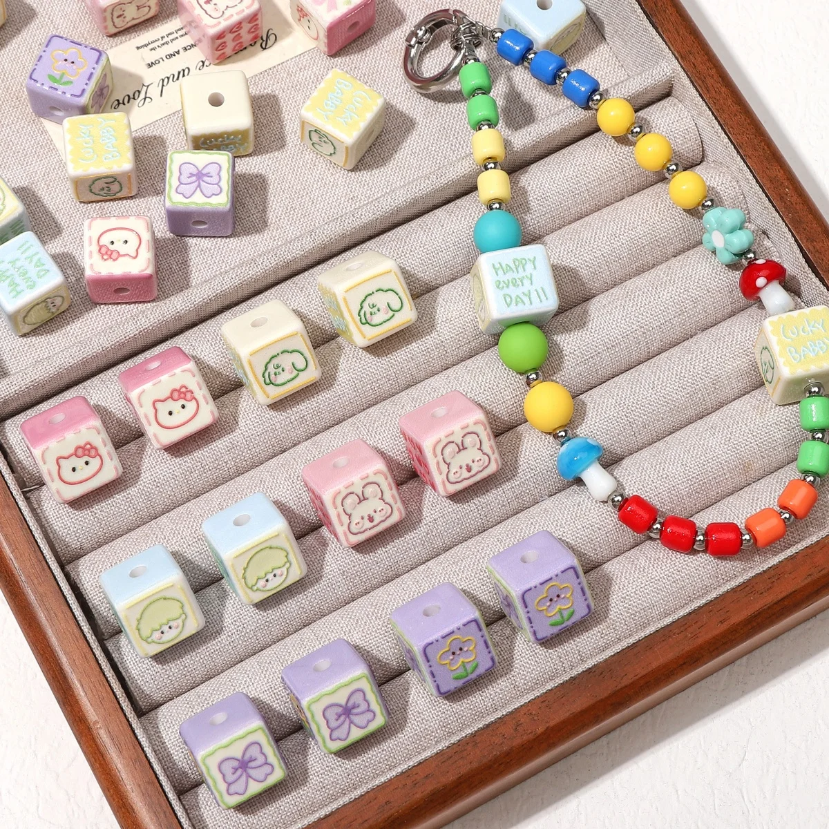 Cute Double‑Sided Embossed Acrylic Square Beads 14x14mm Multi‑Color Loose Spacer Beads For DIY Bracelets Keychain Jewelry Making