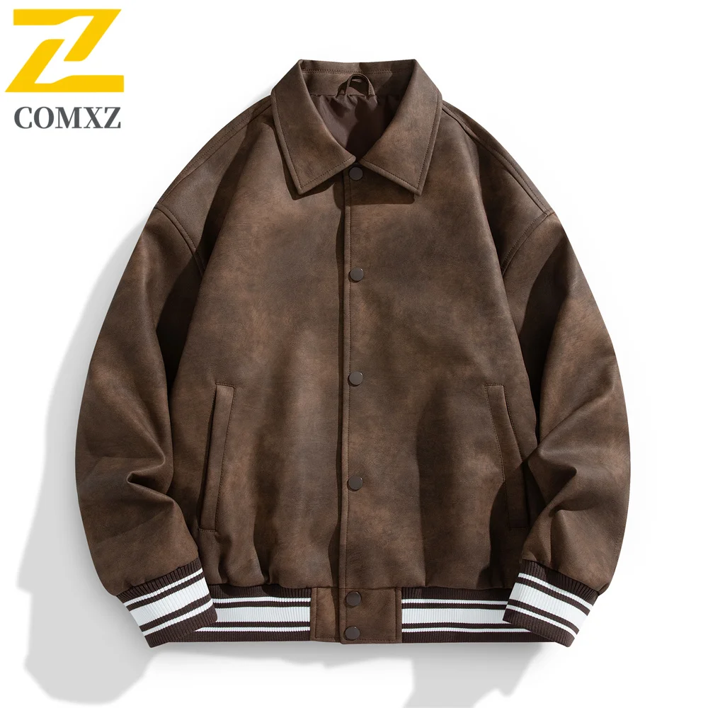 Street Loose Jacket Men Autumn Fashion Retro Solid Color Windproof PU Leather Coat Men's Clothing Casual Loose Motorcycle Jacket