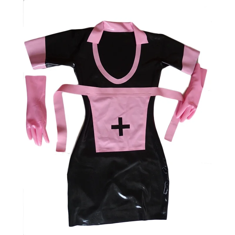 Sexy Women's Maid Black Latex Dress Rubber One-piece Long  Pink Apron with Back Zipper