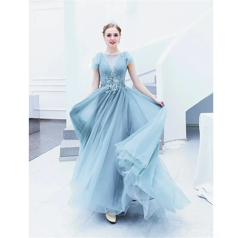 Elegante Sweep Train Illusion Bodices abiti da sera abiti da ballo senza maniche pieghe Tulle azzurro una linea abiti da sera