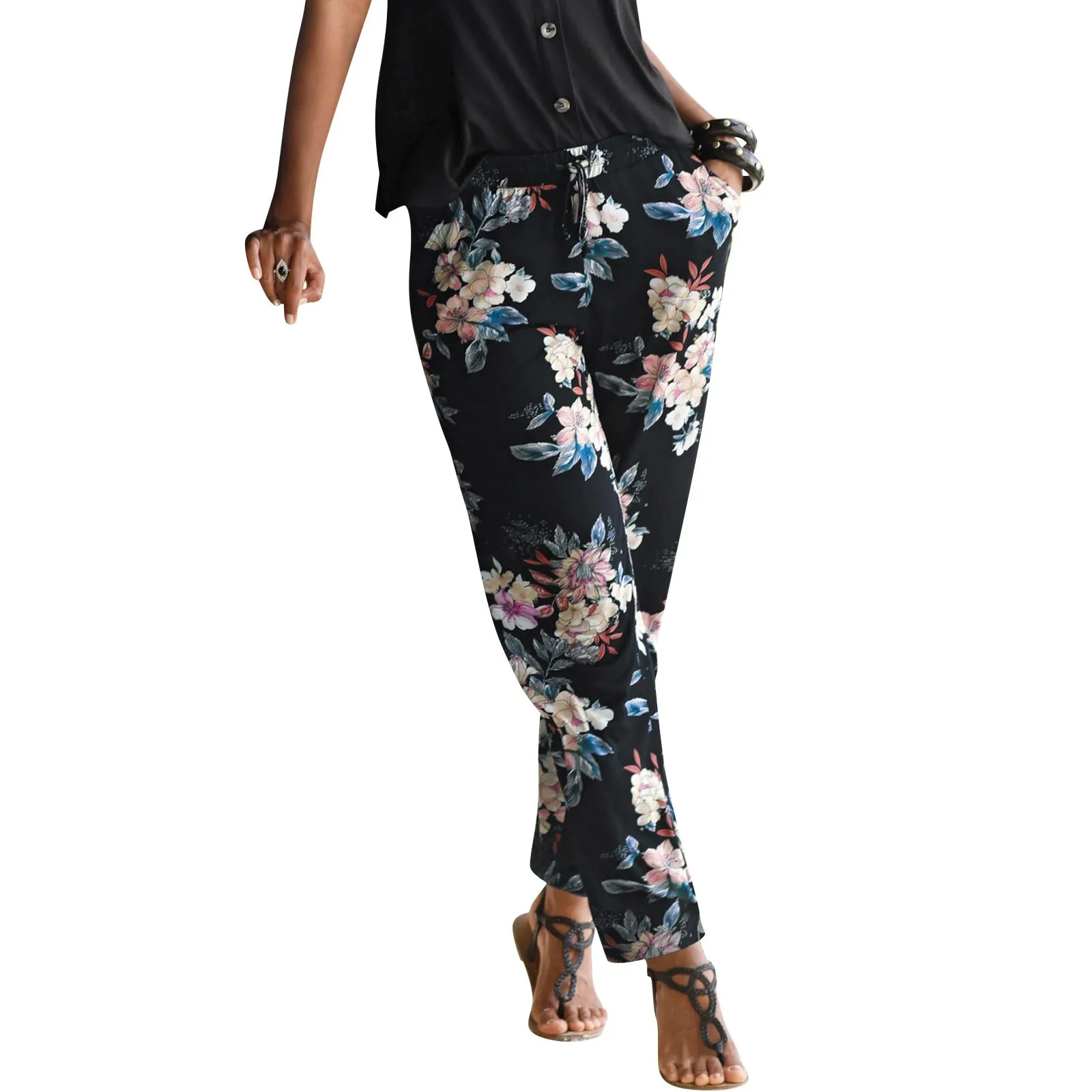 Fashion Floral Printed Bohemian Beach Holliday Pants Leisure Pants Loose Elastic Waist Trousers With Pockets Women's Pants