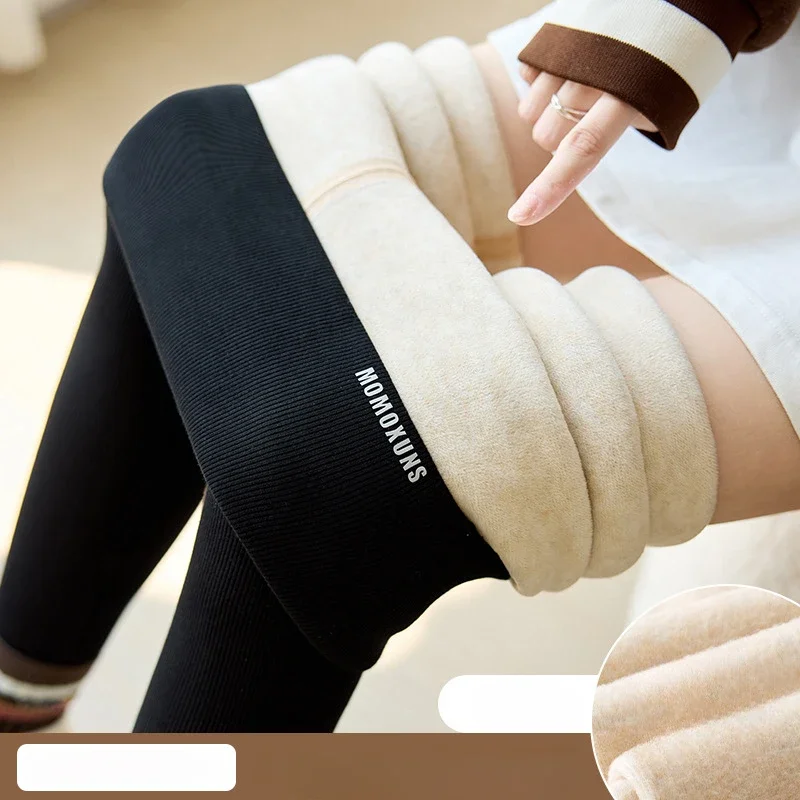 High Waist Women Cotton Vertical Strip Fleece Leggings Warm Leggings Winter Fashion Slim Thickening Keep Warm Pure Pant