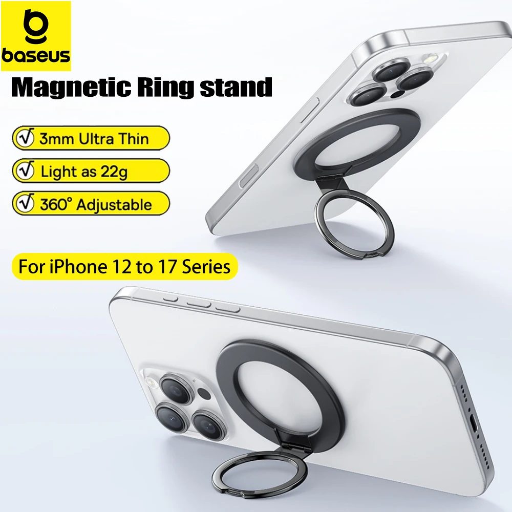 

Магнитный держатель для телефона Baseus, ультратонкая кольцевая подставка для iPhone 17, 16, 15 Pro Max 360 ° Вращение на 180° ° Регулировочный держатель мобильного телефона
