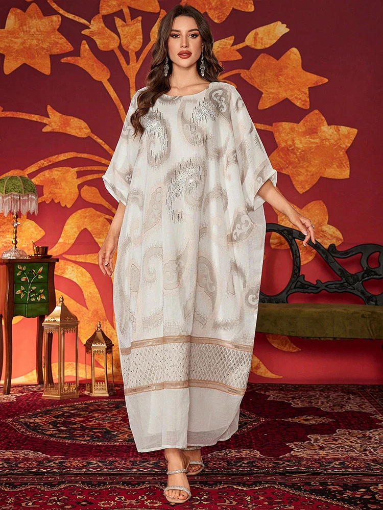 TOLEEN Women's solid color round-neck dress with rhinestones and random printed embroidery, heavy-duty and elegant.