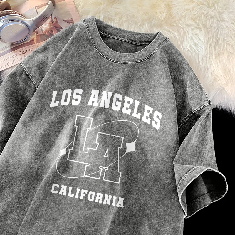 California Los Angeles T-shirt Men City of Angels Shirt Cotton Vintage Washed Tee Unisex Soft Comfort Loose T-shirts Men Tiki