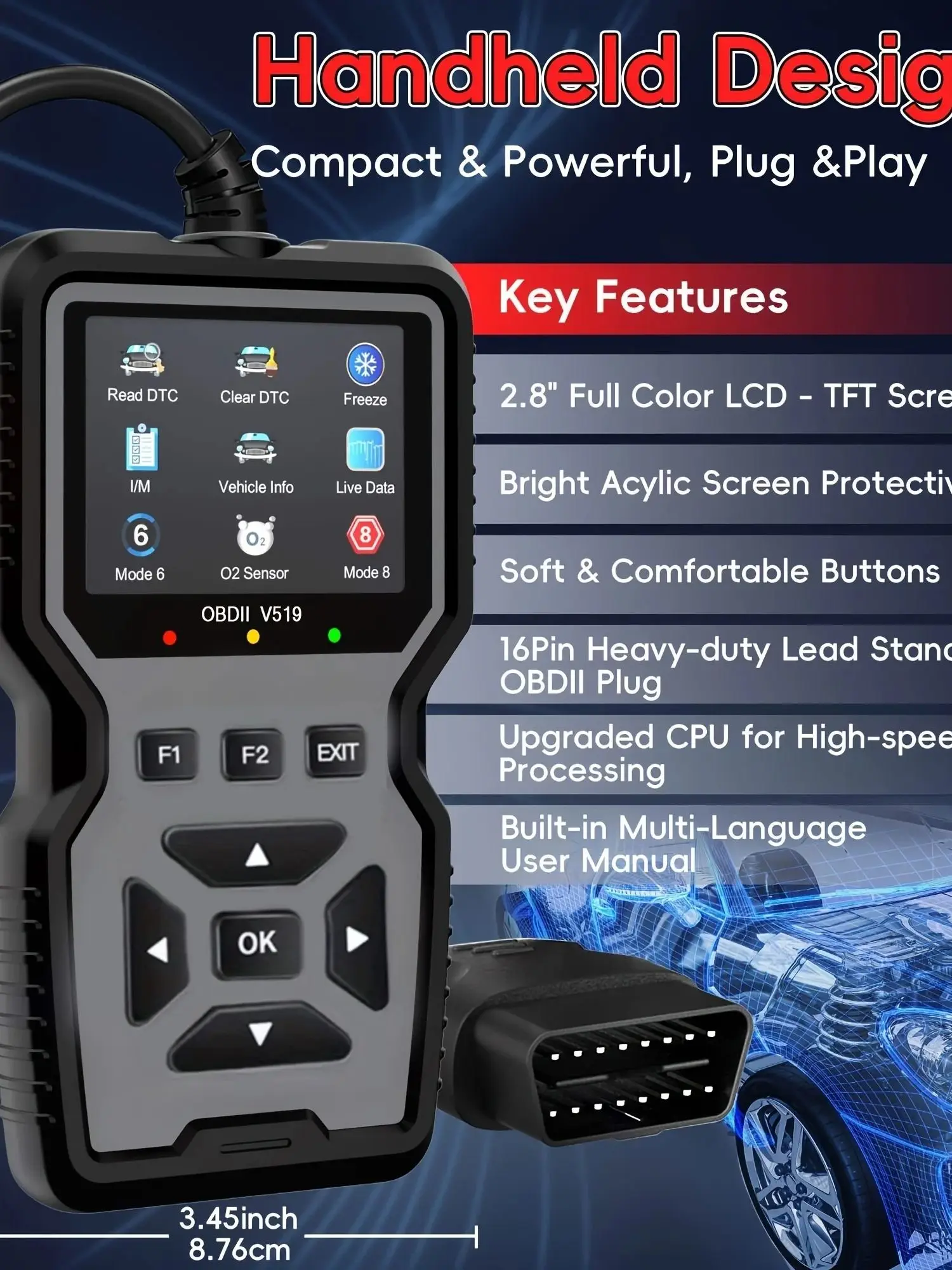 Professioneel OBD2-diagnosetool voor reparatie van zware voertuigen - Codelezer/Resetter, ondersteunt realtime gegevensstroom, geen batterij nodig, compatibel met voertuigen vanaf 1996 (OBDII/EOBD, - afbeelding 2