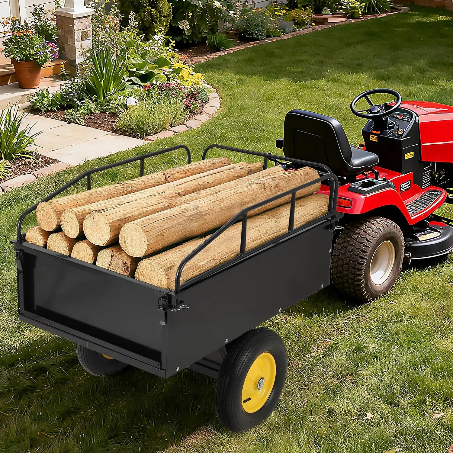 Heavy-Duty Garden Utility Trailer – 17 CU ft Capacity, 750 lb ATV/UTV Steel Dump Cart with Hand or Foot Pedal Dump, for Lawn & Yard Use