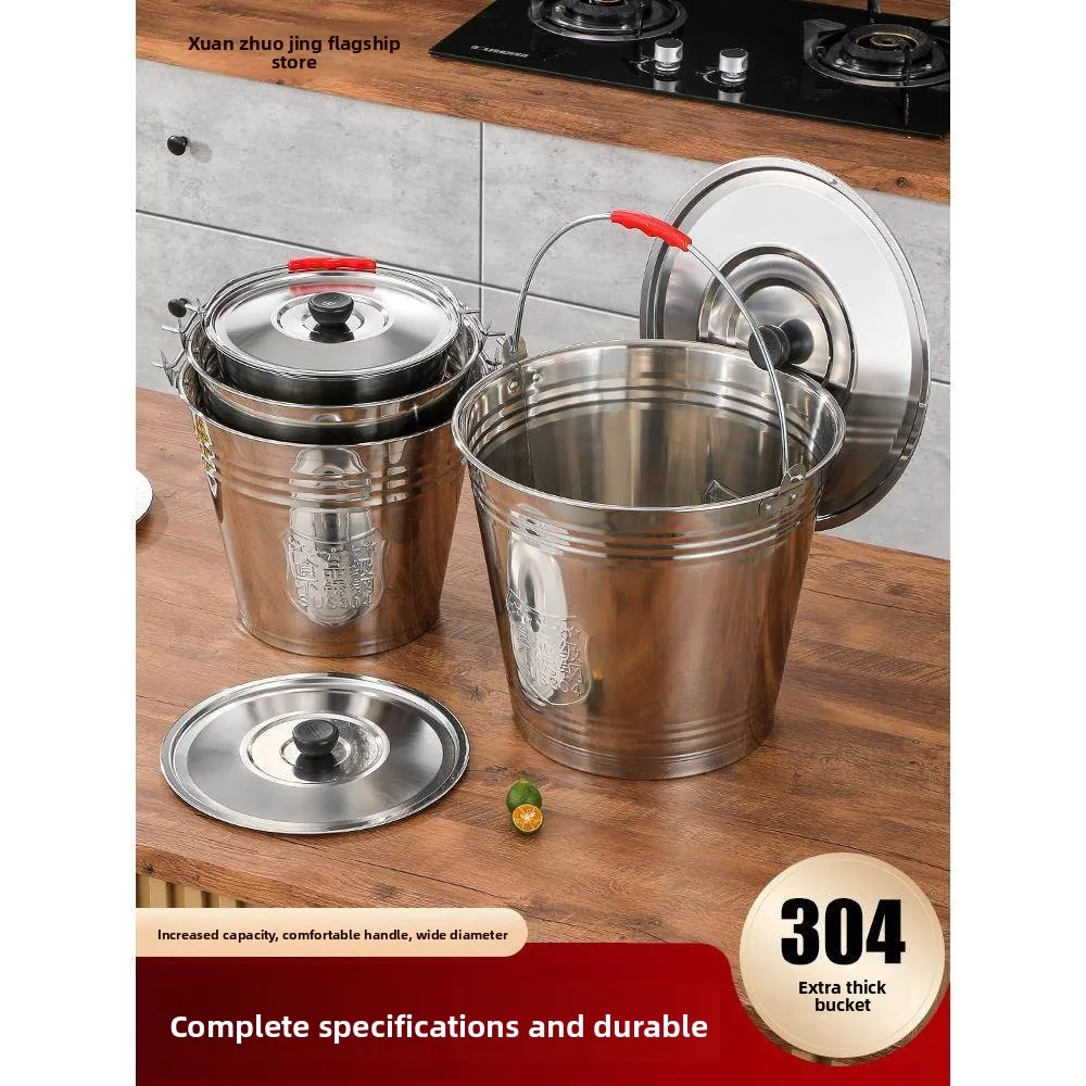 

Stainless Steel Food Grade Handheld Thickened Water Bucket with Cover for Home Use Special Thickened Soup Bucket round Iron B...
