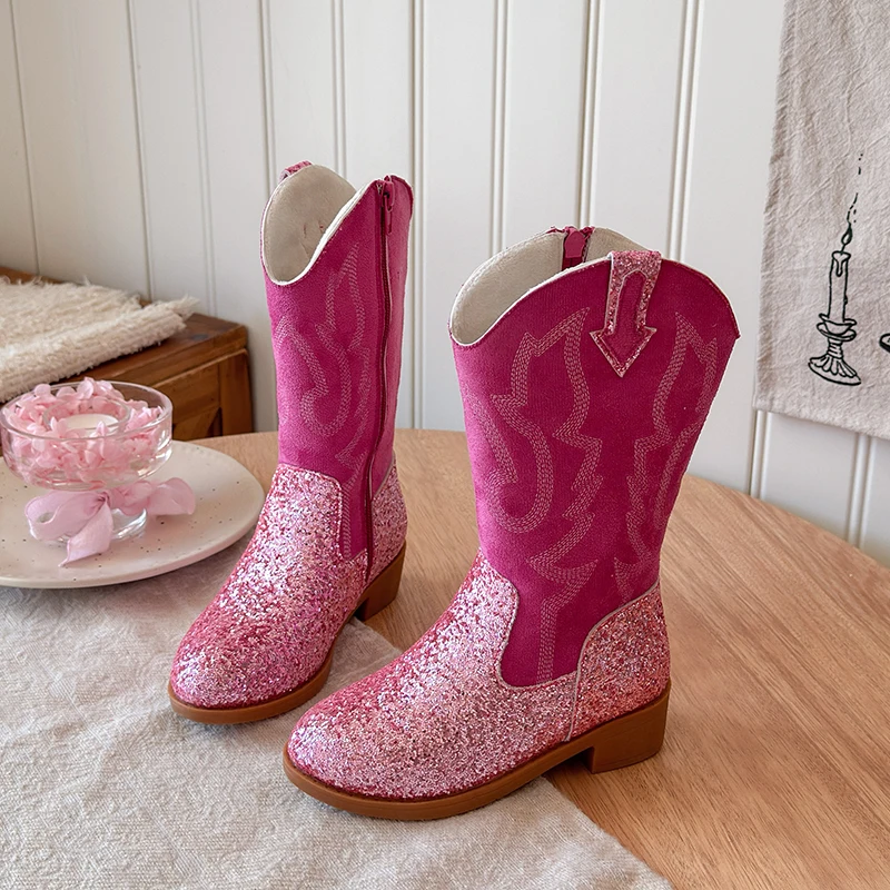 Sparkly Sequins Mid-calf Boots for Girls 2026 New Winter Kids Chunky Leather Boots Non-slip High Heels Ethnic Style Cowboy Boots