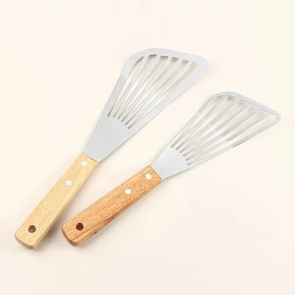 Stainless Steel Fish Frying Shovel Fan-shaped Wooden Handle Slotted Fish Turner Nonstick Hollow Flipping Frying Spatulas