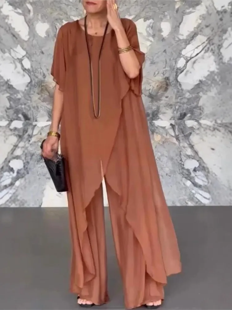 

Spring Autumn Irregular Long Top Suit Woman's Fashion O-neck Loose Short Sleeves Tops Wide-leg Pants Two-piece Set Ladies Outfit