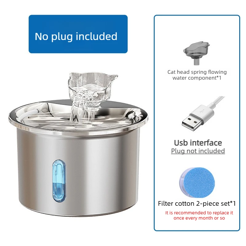 Cat Water Fountain Stainless Steel Ultra Quiet 2.0L Filtered Continuous Flow Pet Dispenser Drinking Bowl USB Powered Cats Dogs
