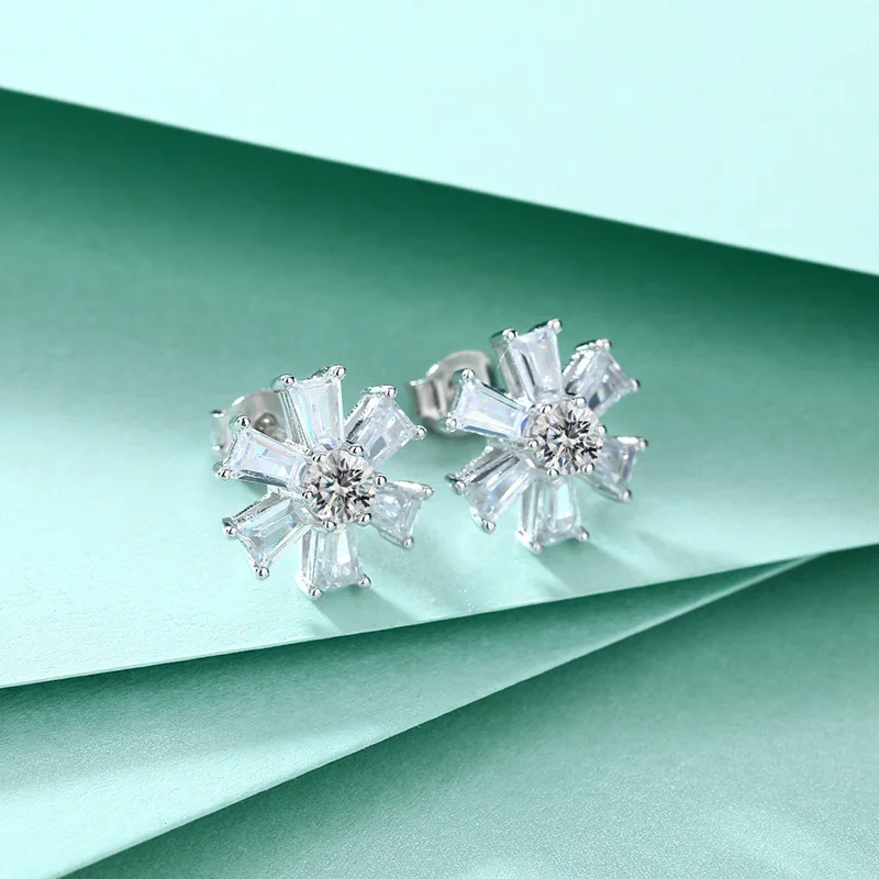 Hot selling 100% S925 Silver Sunflower Earrings, High grade Feeling Ladder Square Mozambique Diamond Earrings, Wedding Jewelry