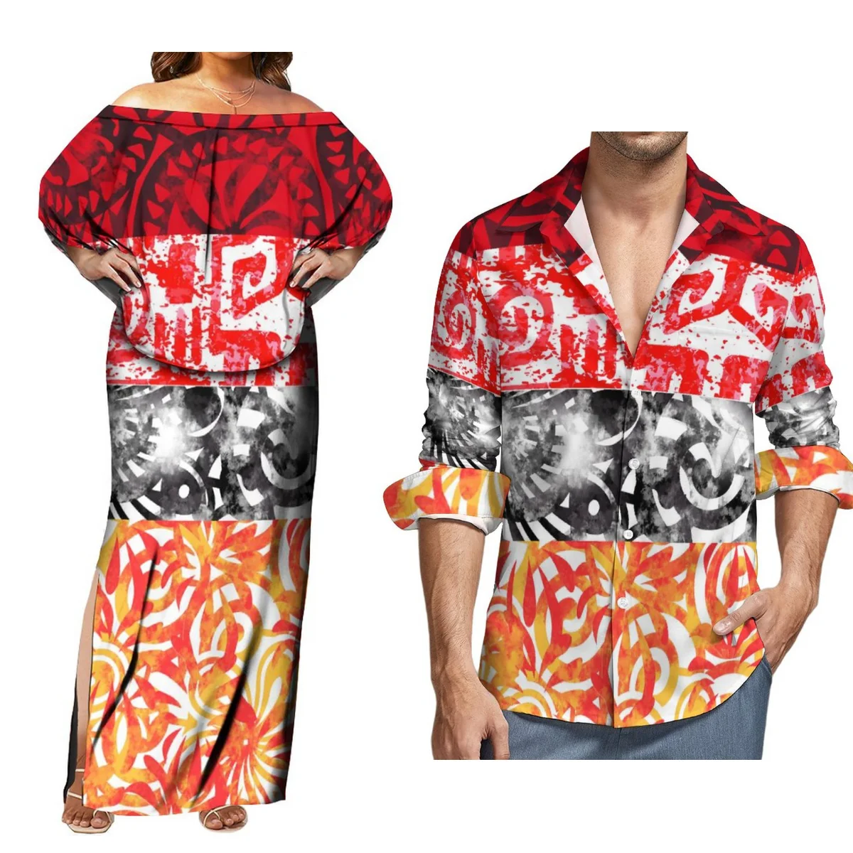 Women\'S One-Shoulder Dress Samoa Polynesian Tribe Design Couple Suit With Men\'S Long-Sleeved Shirt