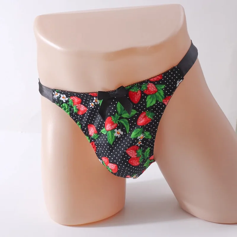 New Black Strawberry Print Sexy Men's Panties Underwear Sissy Lace Bow Briefs Low Waist Soft Man Convex Pouch Underpants