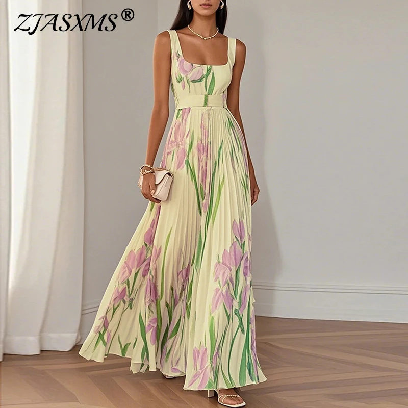 New Women's Sleeveless Straps Summer Dress Elegant Floral Print Pleated Long Dresses Spring Square Collar High Waist Party Dress