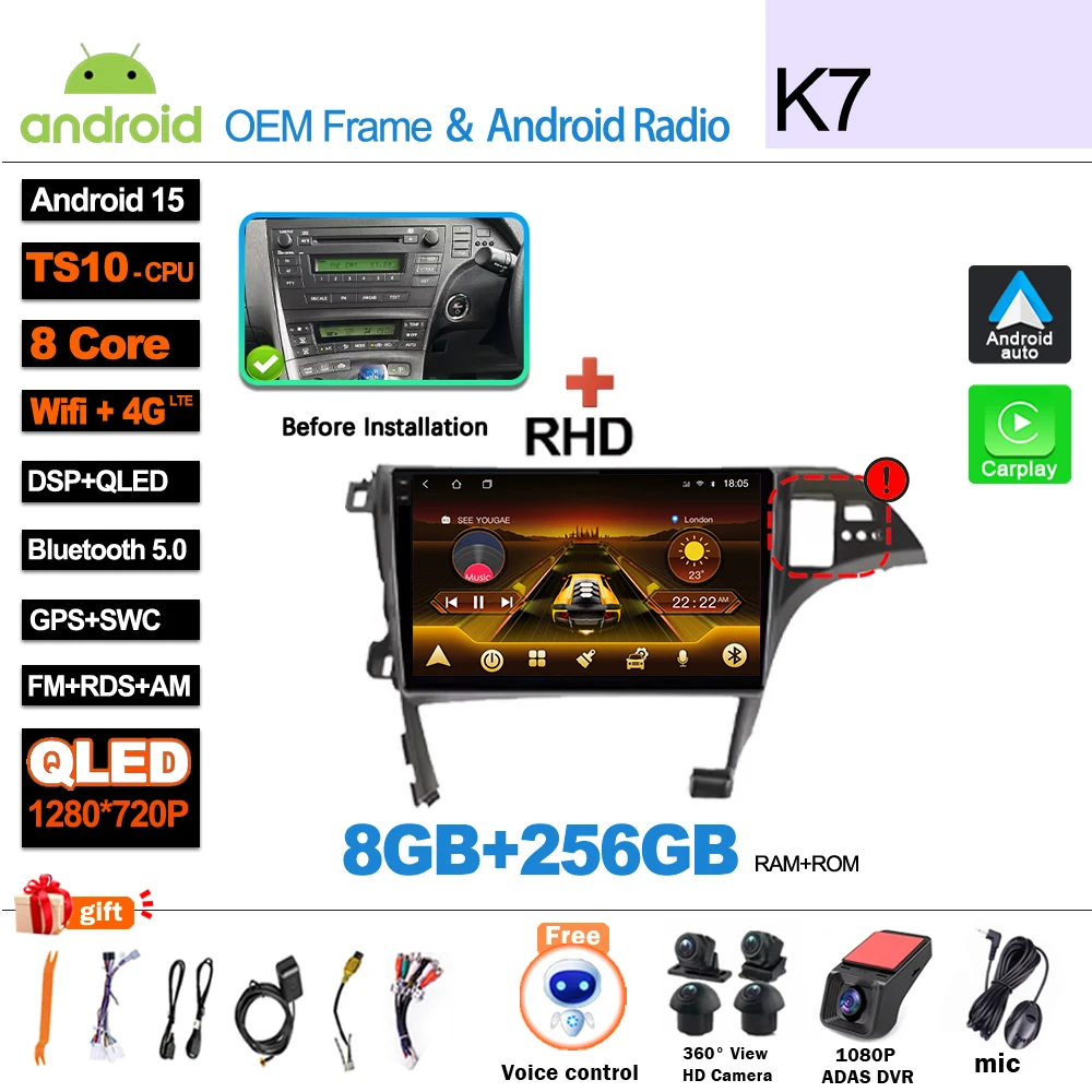 Android 16 autoradio, videomedia-speler, Carplay, GPS-navigatie voor Toyota Prius XW30 2009-2015