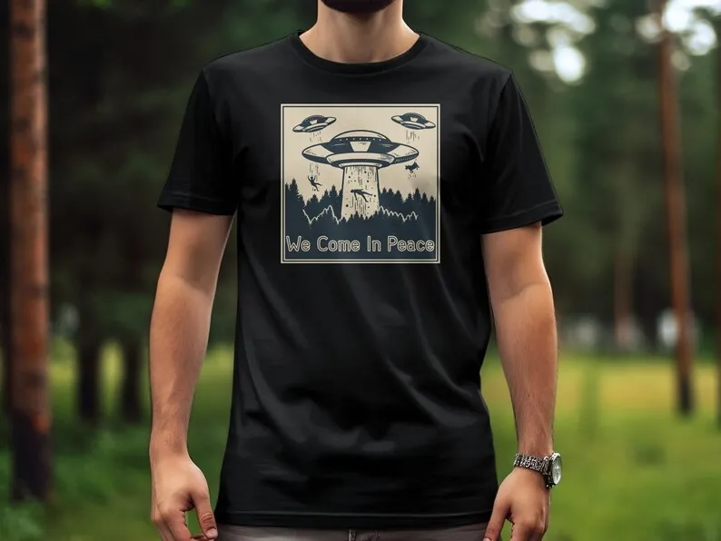 Vintage Alien UFO T-Shirt, We Come In Peace Forest Design, Sci-Fi Tee, Retro Space Graphic Shirt, Extraterrestrial Encounter Top