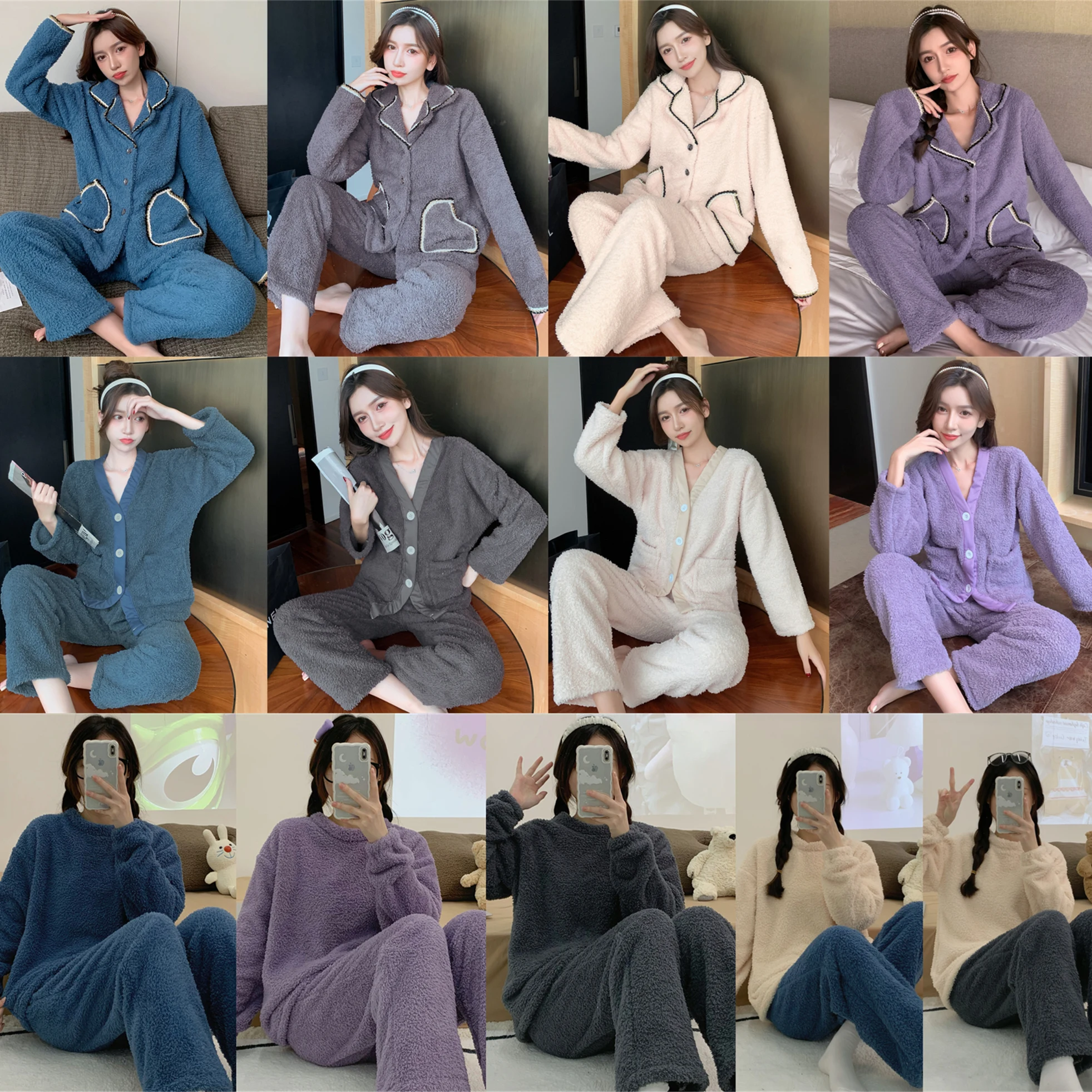 New Autumn Winter Warm Pajamas Set Women Sleepwear Fleece Home Wear Clothes Sisters Soild Pijama Suit Women Thick Tracksuit Wear