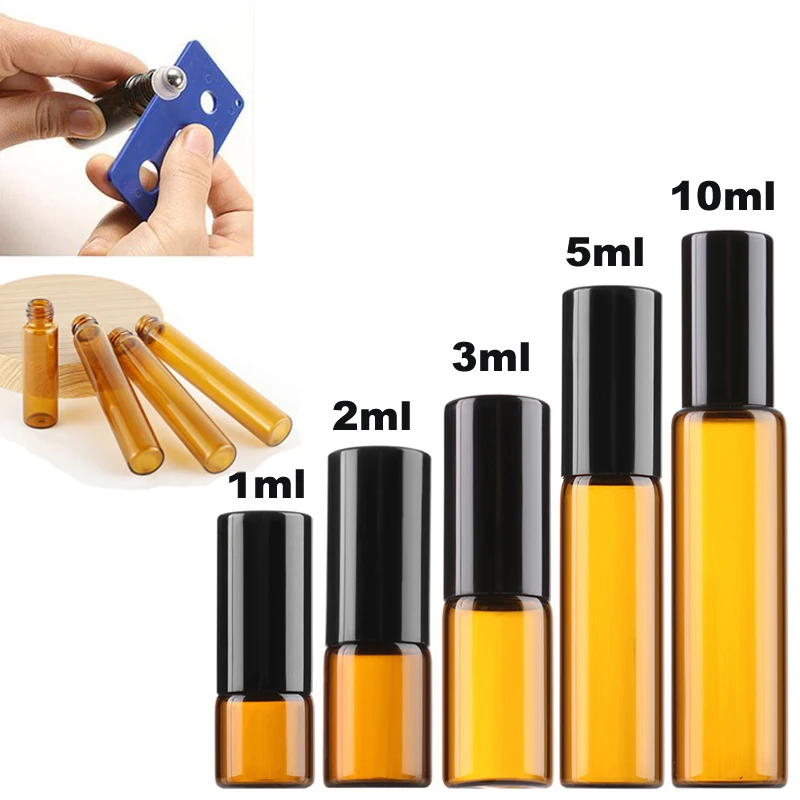 5Pcs חיוני שמן בקבוקי רולר 1/2/3/5/10ml אמבר זכוכית רולר כדורי בקבוקוני על בקבוקים מיכל עבור ארומתרפיה בושם