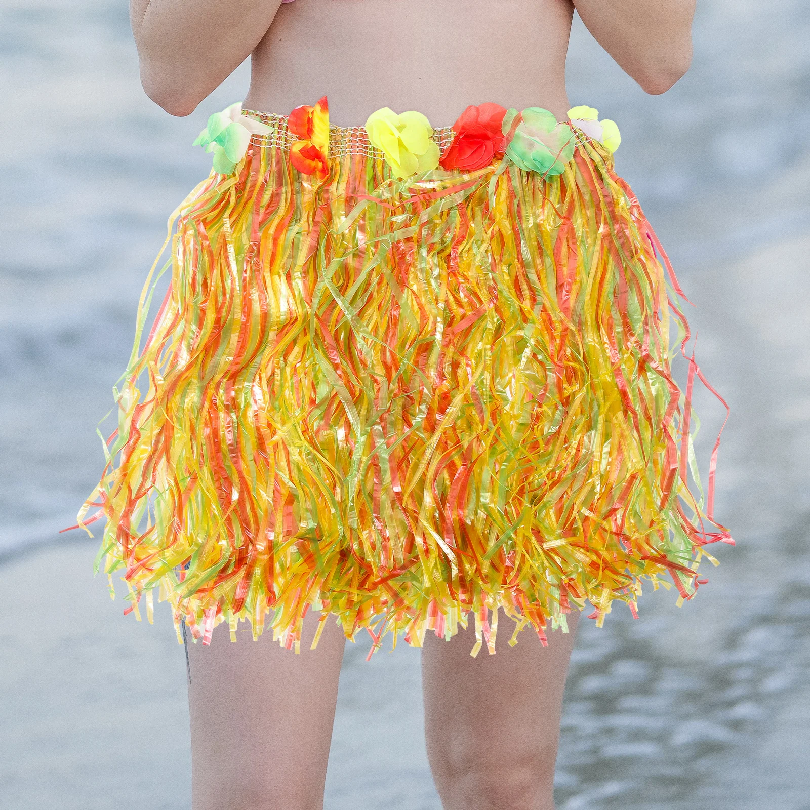 

5Pcs Hawaii Grass Skirt Set Colorful Hula Skirt Elastic Waistband Flower Bracelets Headband Garland Tropical Party Dress