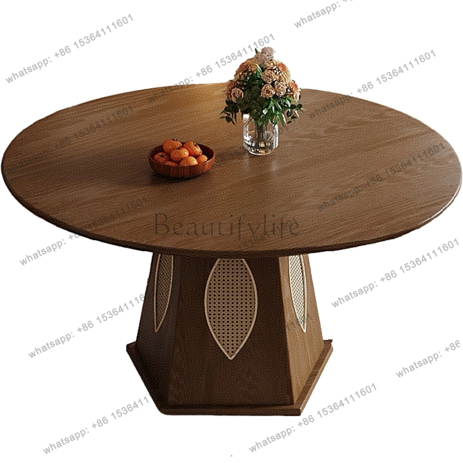 Rattan dining chair household retro solid wood round table rattan chair back chair French